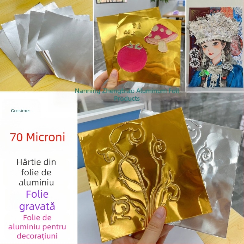 Artă din folie de tin 70 mm, realizată manual, cu folie de aluminiu aurie, folie de tin gravată argintie și pandantiv gravat