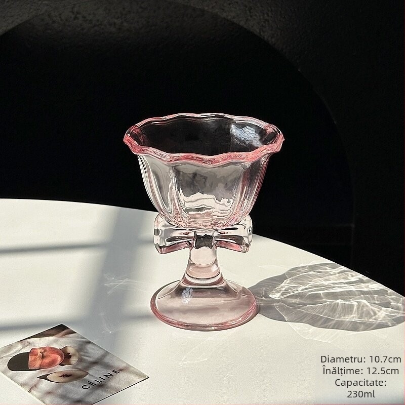 LIDY Pahar roz cu picior înalt și nod de fluture, pentru vin roșu, șampanie, cocktailuri și cafea