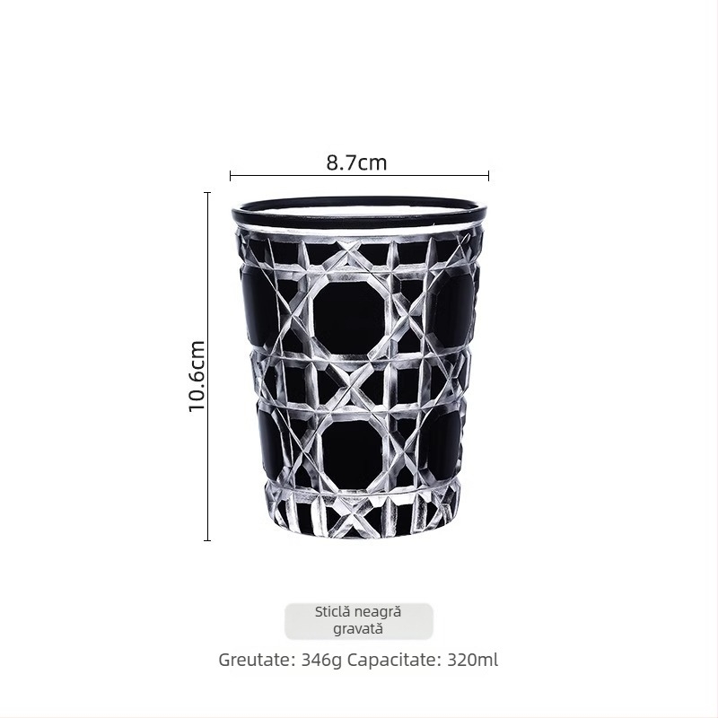 Pahar de whiskey în stil european, gravură manuală pe sticlă colorată, design vintage inspirat de curte