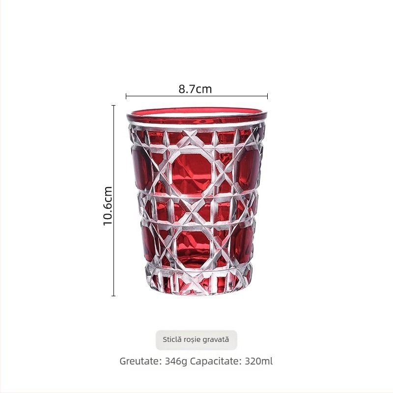 Pahar de whiskey în stil european, gravură manuală pe sticlă colorată, design vintage inspirat de curte