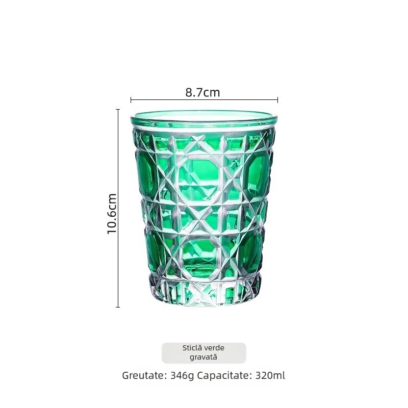 Pahar de whiskey în stil european, gravură manuală pe sticlă colorată, design vintage inspirat de curte