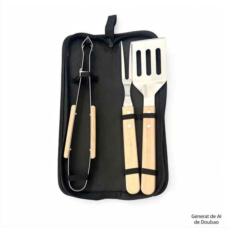Set BBQ din oțel inoxidabil cu mânere din lemn, în husă de pânză – furculă, lopățică, clește și cuțit pentru grătar în aer liber