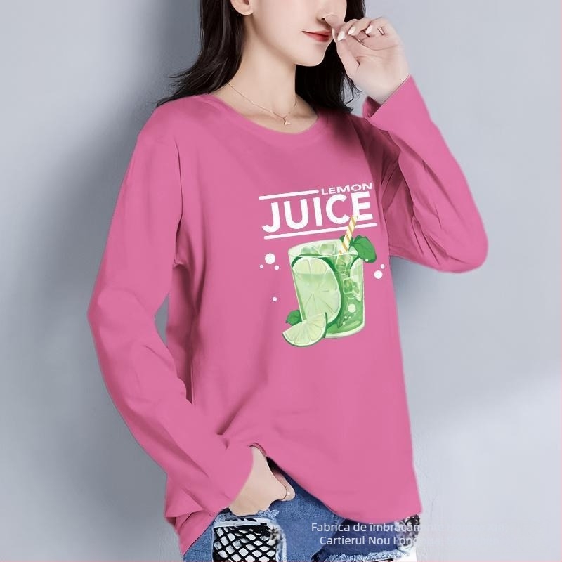Tricou femei cu mânecă lungă, guler rotund, stil coreean, croială lejeră, amestec bumbac-poliester, toamnă-iarnă 2025
