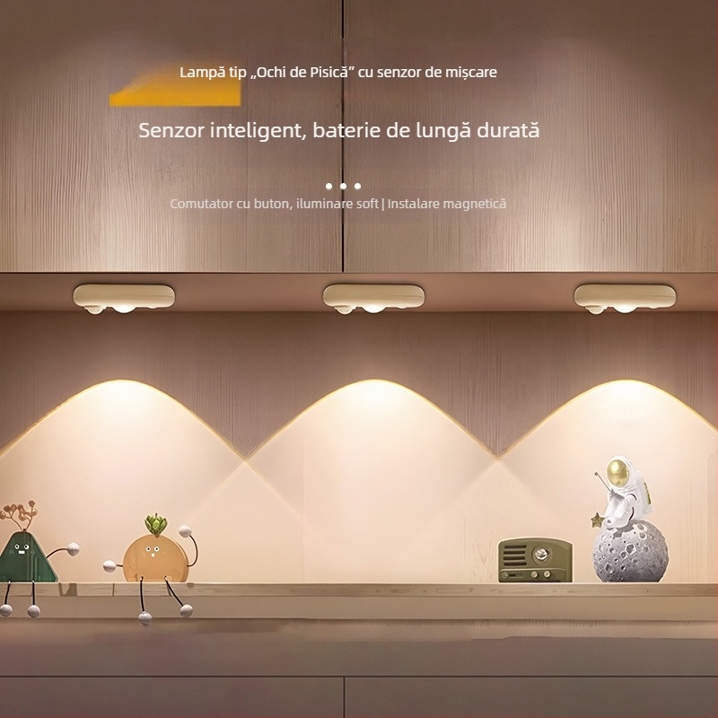 Lumină LED pentru dulap cu senzor, baterie reîncărcabilă, formă de ochi de pisică, fără cabluri, iluminare decorativă pentru vitrină de vin, iluminare cu senzor de mișcare