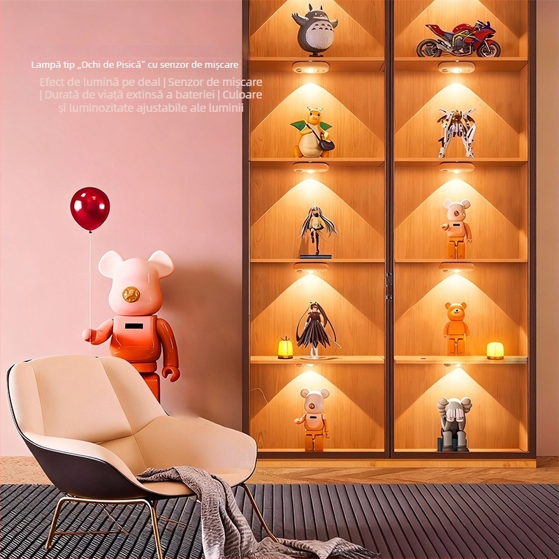 Lumină LED pentru dulap cu senzor, baterie reîncărcabilă, formă de ochi de pisică, fără cabluri, iluminare decorativă pentru vitrină de vin, iluminare cu senzor de mișcare