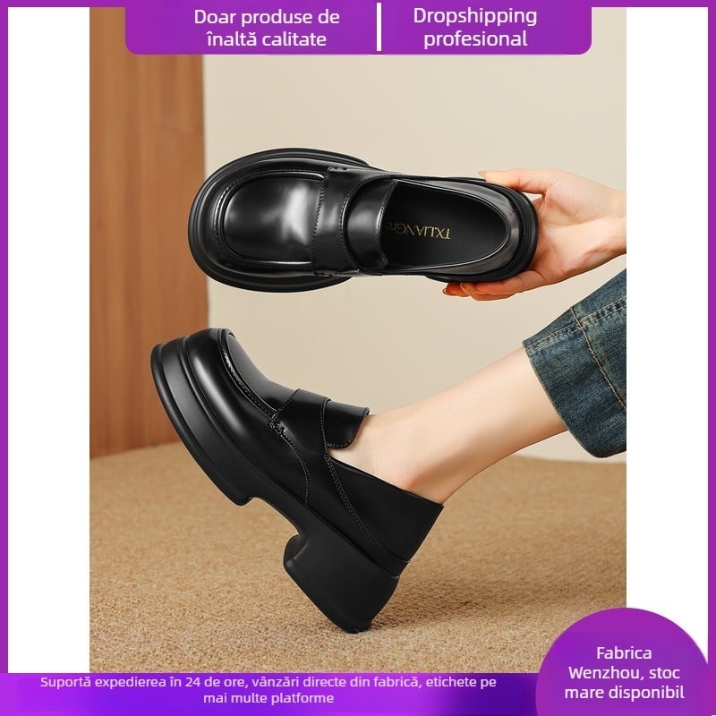 Loafers negri pentru femei, stil britanic retro, talpă groasă, toc gros, vârf rotund, din piele artificială