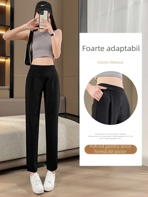 Pantaloni harém pentru femei, poliester, textură Ice Silk, croială lejeră, talie înaltă, cropped, casual