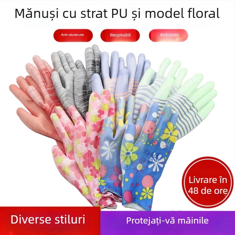 Mănuși de grădinărit cu palmă acoperită cu PU și model în dungi, fără praf, antistatice, cu acoperire prin imersare, antiderapante și rezistente la uzură.