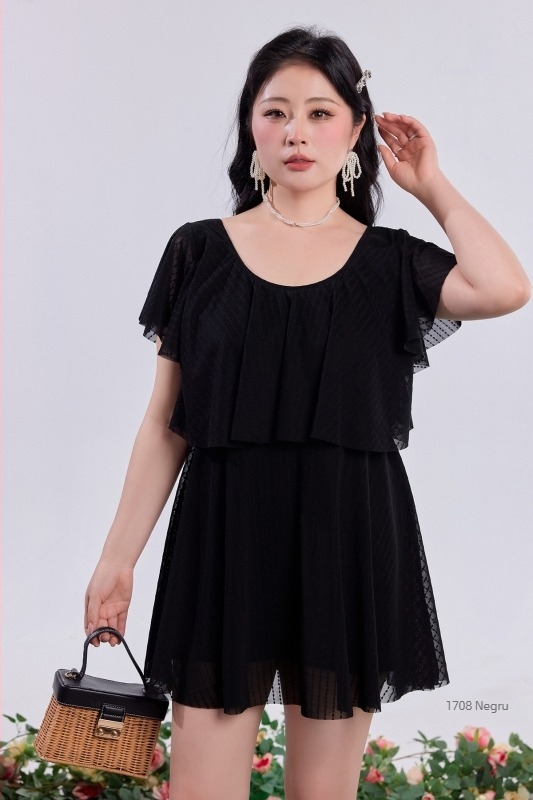 Costum de baie întreg pentru femei, mărime mare, cu fustă, acoperă burta, subțiază silueta, modest, croială lejeră