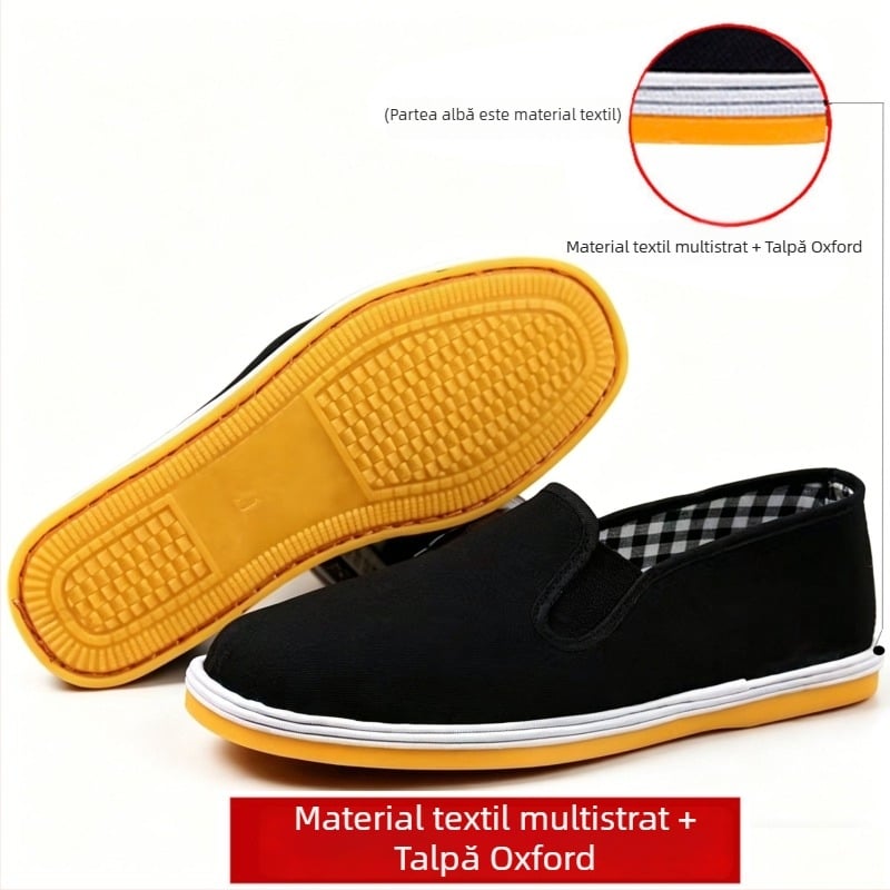 Pantofi din pânză unisex cu talpă din tendon de vită, talpă cu mai multe straturi, negri, slip-on, pentru lucru
