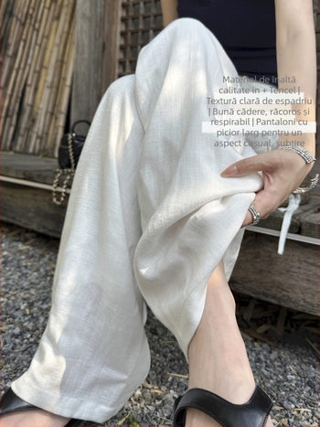 Pantaloni albi, largi din Tencel-Lin pentru femei, ușori de vară, țesătură bumbac-lin, stil Old Money, croială dreaptă cu drapaj