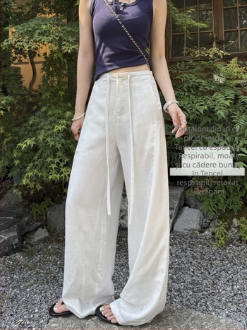 Pantaloni albi, largi din Tencel-Lin pentru femei, ușori de vară, țesătură bumbac-lin, stil Old Money, croială dreaptă cu drapaj