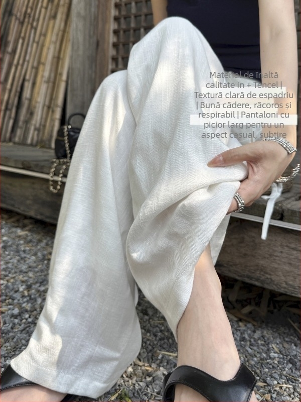 Pantaloni albi, largi din Tencel-Lin pentru femei, ușori de vară, țesătură bumbac-lin, stil Old Money, croială dreaptă cu drapaj