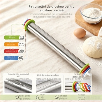 Rulou reglabil din oțel inoxidabil cu mâner din lemn de fag, scară de 17 inchi, suprafață antiaderentă pentru întins aluat acasă și foi de gyoza