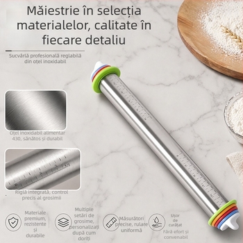 Rulou reglabil din oțel inoxidabil cu mâner din lemn de fag, scară de 17 inchi, suprafață antiaderentă pentru întins aluat acasă și foi de gyoza