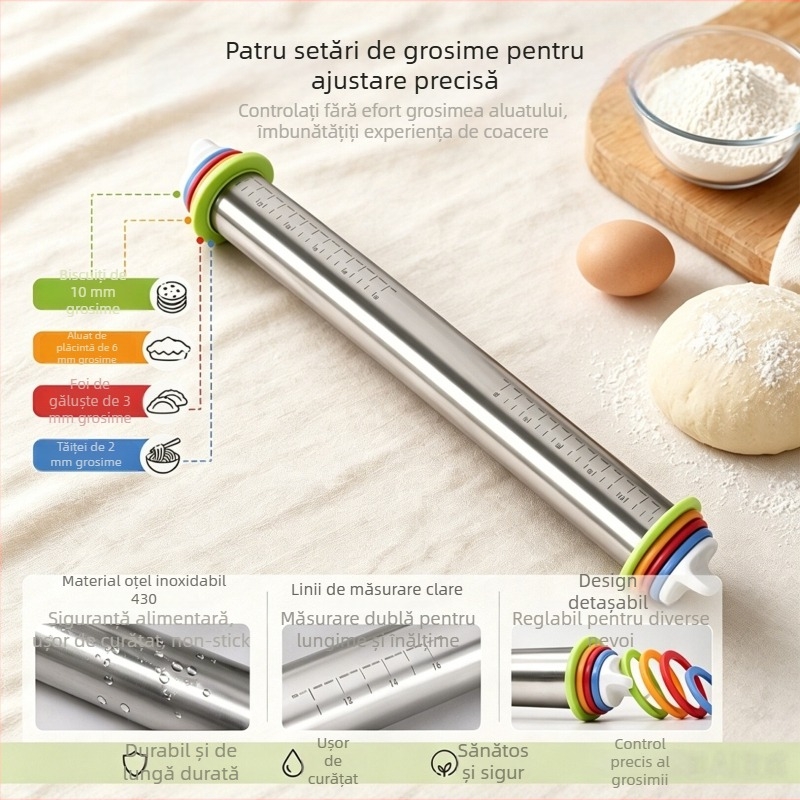 Rulou reglabil din oțel inoxidabil cu mâner din lemn de fag, scară de 17 inchi, suprafață antiaderentă pentru întins aluat acasă și foi de gyoza