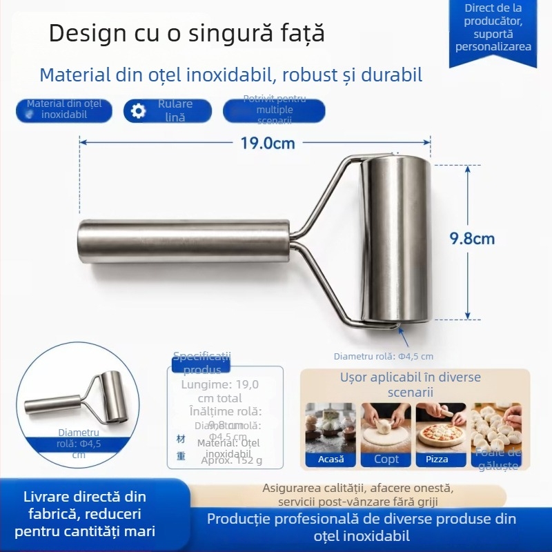 Rulou de aluat din oțel inoxidabil, cu două capete, pentru întinderea rapidă a foilor de gyoza și chifle, rolă manuală de aluat