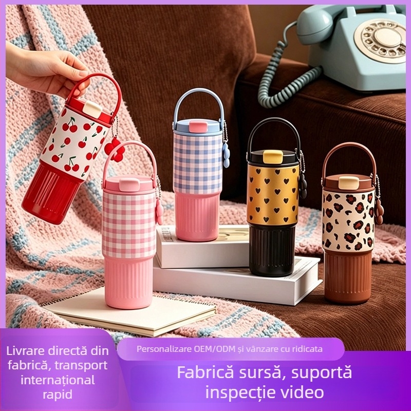 Termos din oțel inoxidabil, izolație vid, cu mâner și pai, capacitate mare, pentru exterior