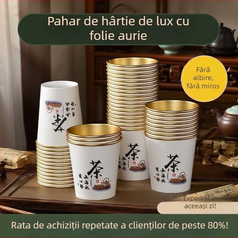 Cupe de hârtie cu folie de aur, de unică folosință, pentru băuturi calde, foarte groase; cafea, lapte de soia și ceai; uz casnic și comercial; 201-300 ml; hârtie laminată; etanșe; protecție împotriva arsurilor; imprimare logo disponibil