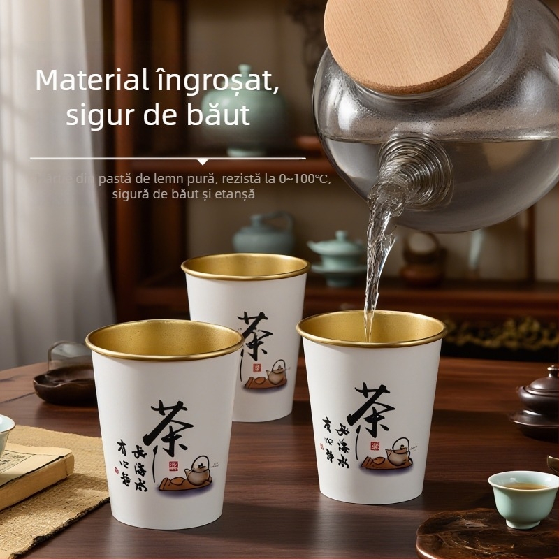 Cupe de hârtie cu folie de aur, de unică folosință, pentru băuturi calde, foarte groase; cafea, lapte de soia și ceai; uz casnic și comercial; 201-300 ml; hârtie laminată; etanșe; protecție împotriva arsurilor; imprimare logo disponibil