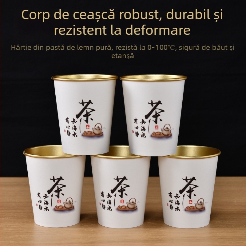 Cupe de hârtie cu folie de aur, de unică folosință, pentru băuturi calde, foarte groase; cafea, lapte de soia și ceai; uz casnic și comercial; 201-300 ml; hârtie laminată; etanșe; protecție împotriva arsurilor; imprimare logo disponibil