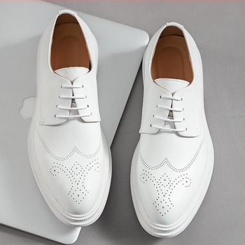 E8599 Pantofi casual din piele, stil brogue britanic, albi, cu talpă joasă, pentru bărbați