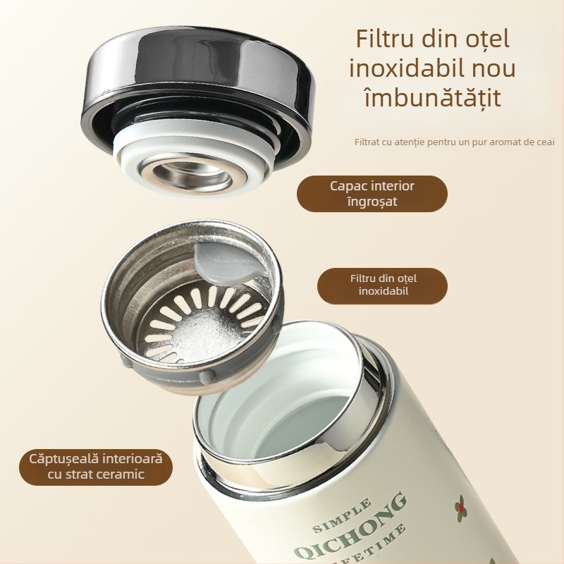 Ceașă izolată compactă, minimalistă, cu interior ceramic și carcasă din oțel inoxidabil 304, compactă și portabilă.