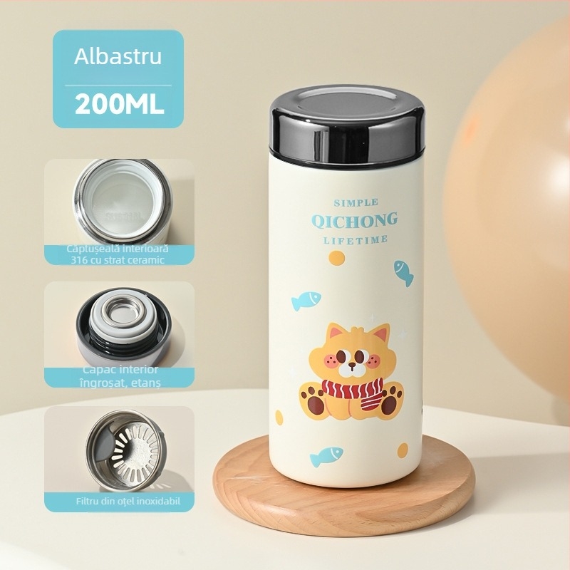 Ceașă izolată compactă, minimalistă, cu interior ceramic și carcasă din oțel inoxidabil 304, compactă și portabilă.