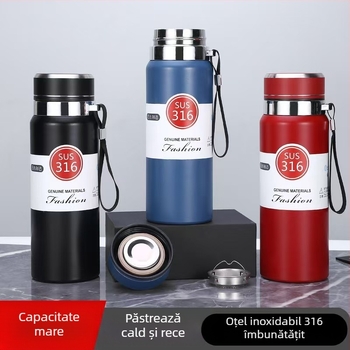 Sticlă termică din oțel inoxidabil 316L, 800 ml, cu compartiment pentru ceai, portabilă pentru exterior