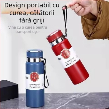 Sticlă termică din oțel inoxidabil 316L, 800 ml, cu compartiment pentru ceai, portabilă pentru exterior