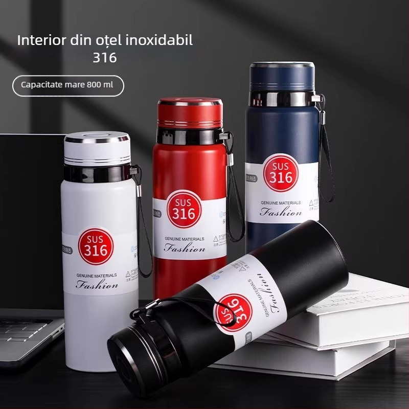 Sticlă termică din oțel inoxidabil 316L, 800 ml, cu compartiment pentru ceai, portabilă pentru exterior