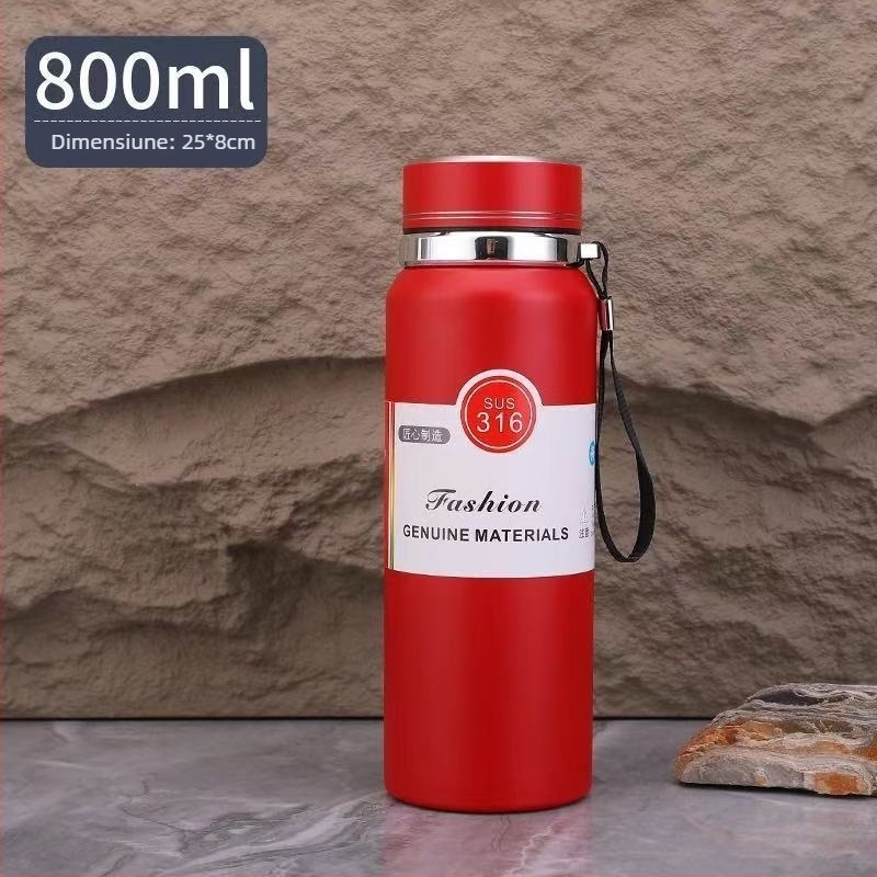 Sticlă termică din oțel inoxidabil 316L, 800 ml, cu compartiment pentru ceai, portabilă pentru exterior