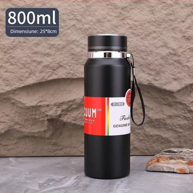 Sticlă termică din oțel inoxidabil 316L, 800 ml, cu compartiment pentru ceai, portabilă pentru exterior