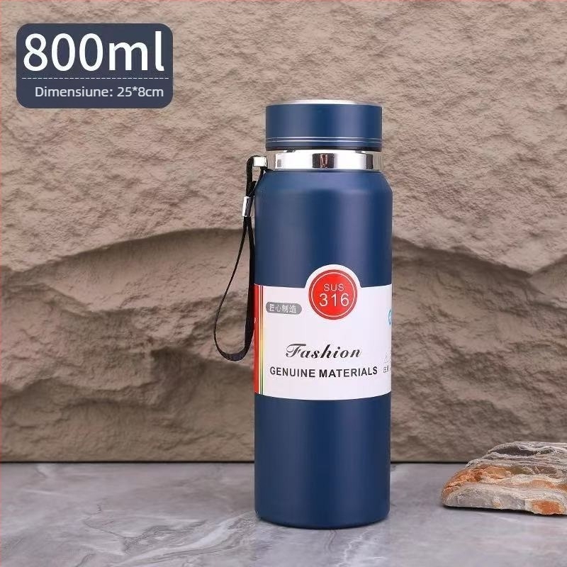 Sticlă termică din oțel inoxidabil 316L, 800 ml, cu compartiment pentru ceai, portabilă pentru exterior