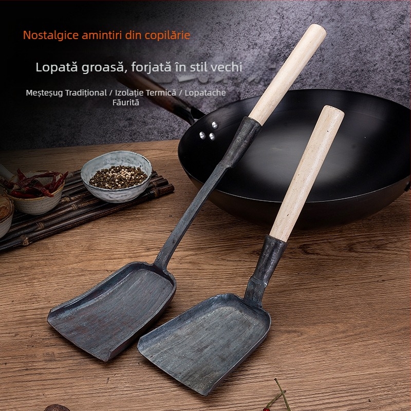 Spatulă de gătit din fier forjat, realizată manual, stil tradițional, pentru plită cu fund plat
