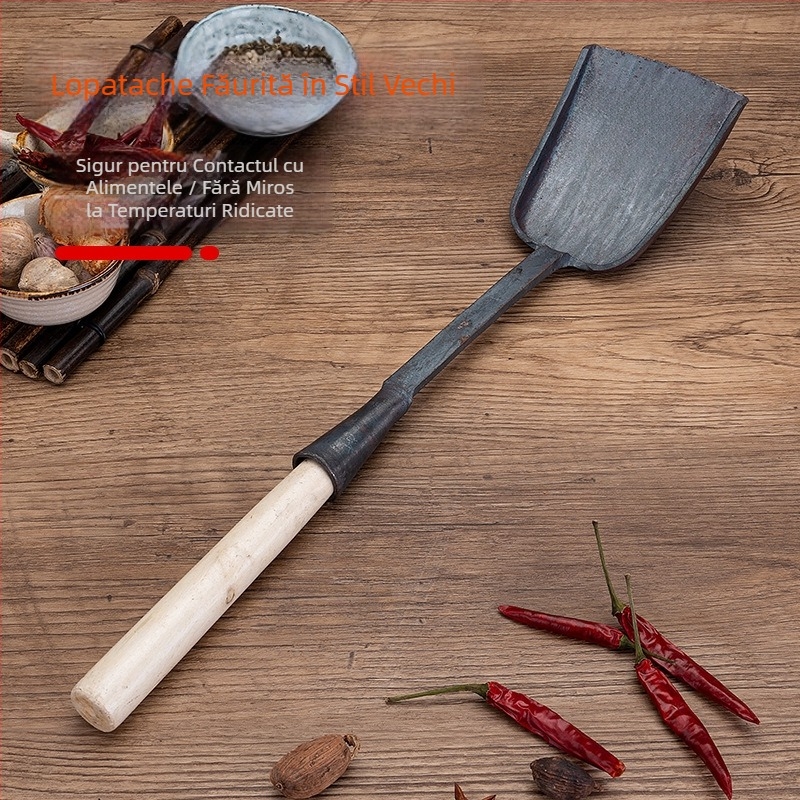 Spatulă de gătit din fier forjat, realizată manual, stil tradițional, pentru plită cu fund plat