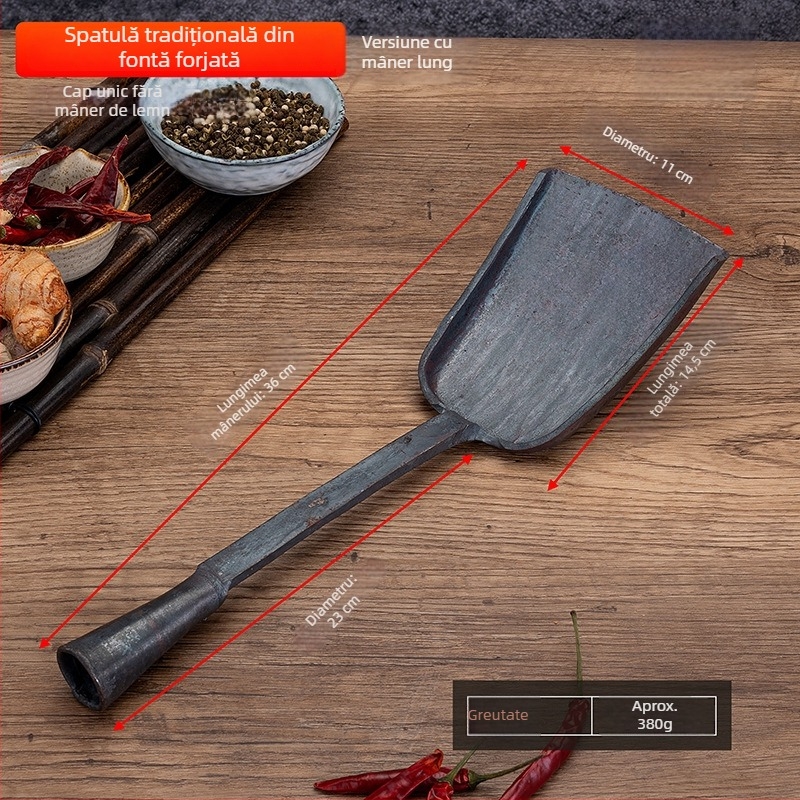 Spatulă de gătit din fier forjat, realizată manual, stil tradițional, pentru plită cu fund plat