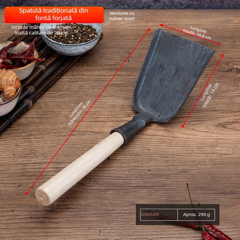 Spatulă de gătit din fier forjat, realizată manual, stil tradițional, pentru plită cu fund plat