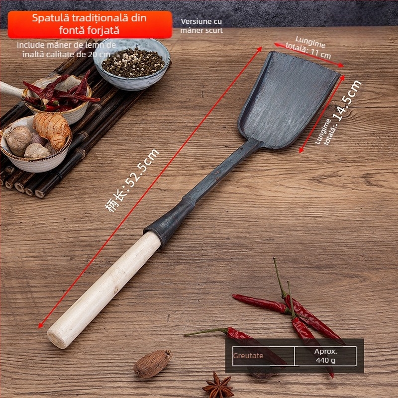Spatulă de gătit din fier forjat, realizată manual, stil tradițional, pentru plită cu fund plat