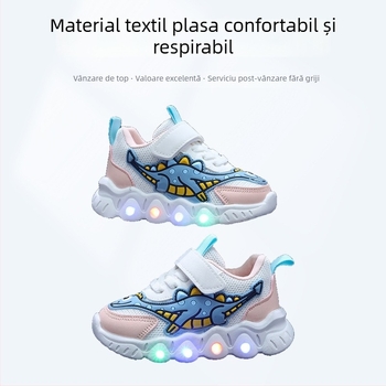 Adidași sport pentru copii cu dinozaur desen animat, partea superioară din plasă respirabilă, ușori, unisex, închidere Velcro, talpă PVC