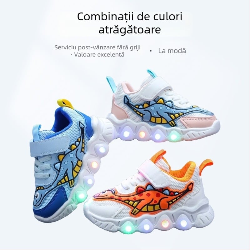Adidași sport pentru copii cu dinozaur desen animat, partea superioară din plasă respirabilă, ușori, unisex, închidere Velcro, talpă PVC