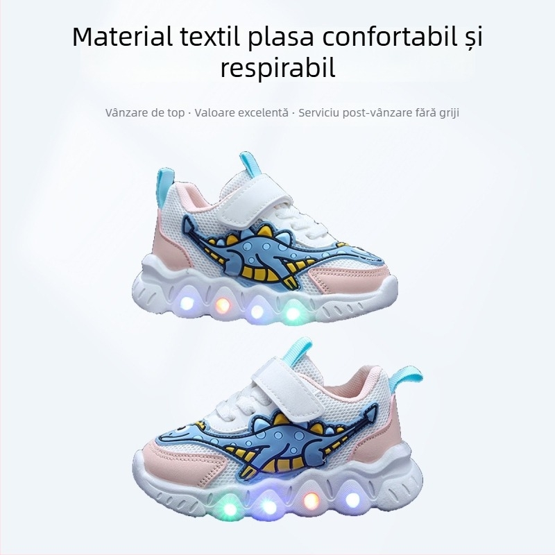 Adidași sport pentru copii cu dinozaur desen animat, partea superioară din plasă respirabilă, ușori, unisex, închidere Velcro, talpă PVC