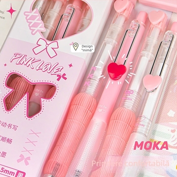 Gel pen din seria Inimioară, cu mecanism de apăsare, cerneală neagră cu uscare rapidă, vârf ST, 0,5 mm, cutie