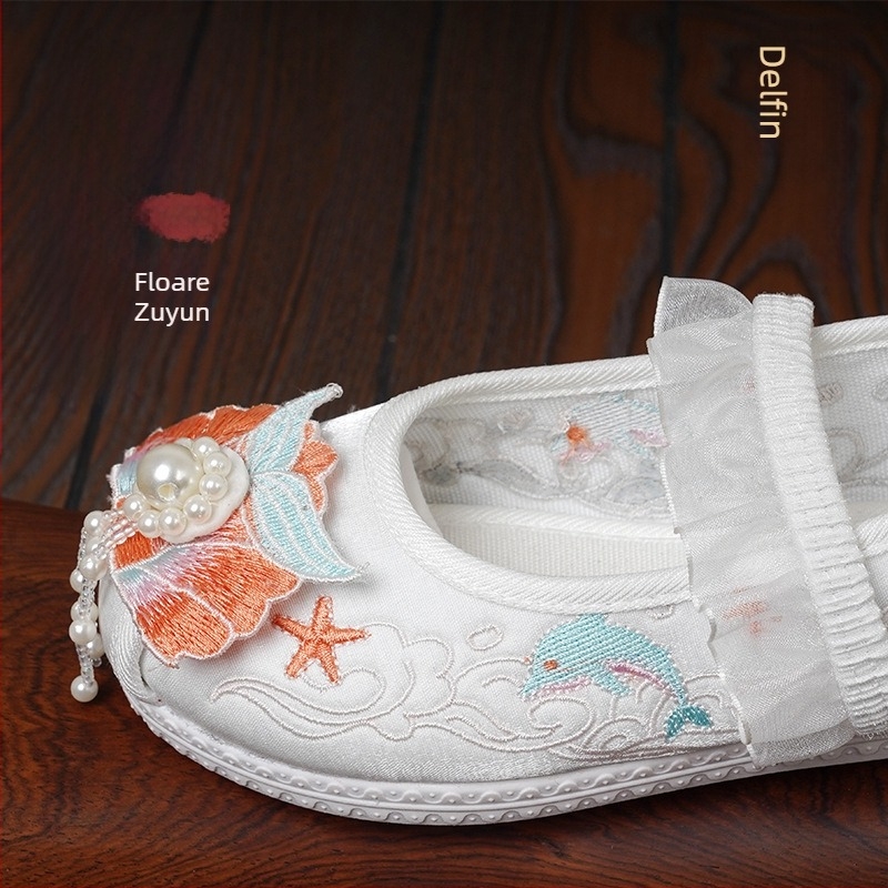 Pantofi din pânză pentru fetițe, în stil Hanfu, cu broderie de perle, design chinezesc antic inspirat de Beijing