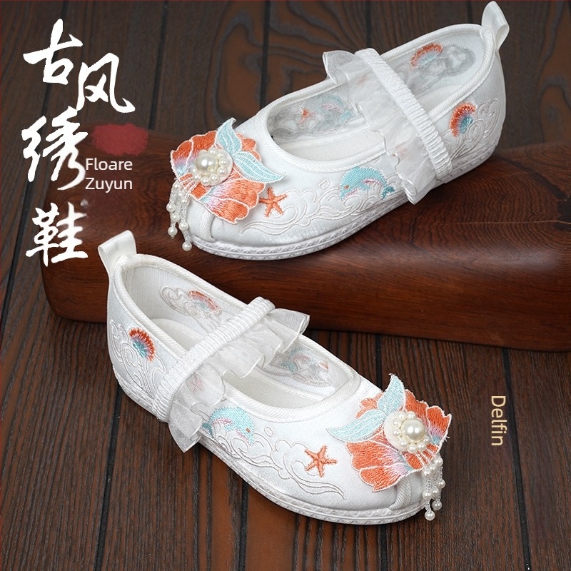 Pantofi din pânză pentru fetițe, în stil Hanfu, cu broderie de perle, design chinezesc antic inspirat de Beijing