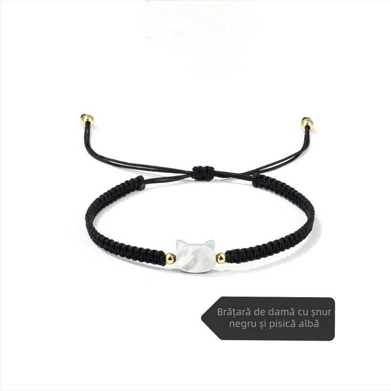 Brățară împletită negru-alb cu pisicuță, realizată manual, unisex, design drăguț, cadou pentru prietenă sau cea mai bună prietena