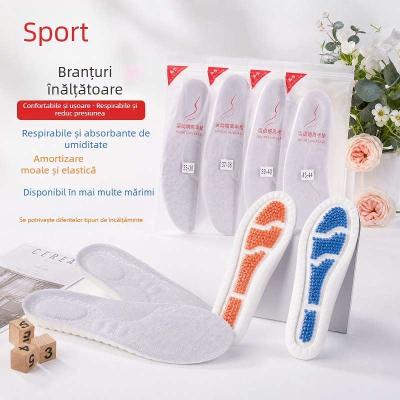 Tălpiță respirabilă din plasă, amortizare moale și elastică, inserție care crește înălțimea, potrivită pentru pantofi sport și casual, în mai multe mărimi.