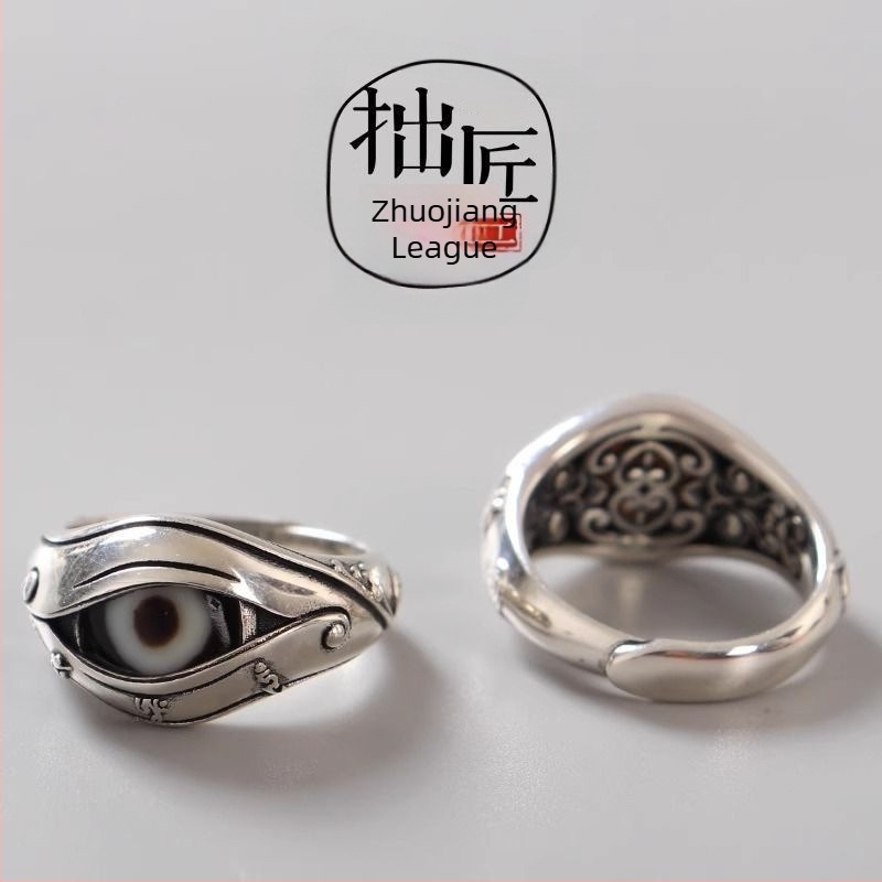Inel din argint vintage, stil tibetan, ochi de demon personalizat, design de nișă, bijuterie pentru mână la modă