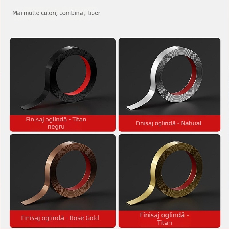 Bandă decorativă din oțel inoxidabil, autoadezivă – finisaj titan negru, profil drept pentru fața frontală a vehiculului și plafon