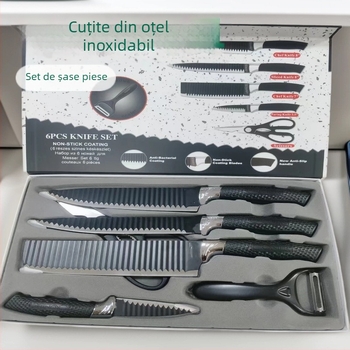 Set de cuțite din oțel inoxidabil, cu mâner din plasă negru în model valuri, cuțite antiaderente, set cadou cu șase piese